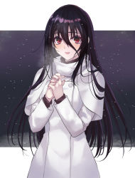 Rule 34 | 1girl, anetai toyone, black hair, breath, coat, fingernails, highres, interlocked fingers, long hair, looking at viewer, mexif, open mouth, outside border, own hands clasped, own hands together, red eyes, saki (manga), smile, snowing, solo, very long hair