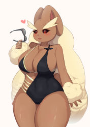 Rule 34 | 1girl, :3, animal nose, arm at side, bare shoulders, black-framed eyewear, black one-piece swimsuit, black sclera, blush, body fur, breasts, brown fur, cleavage, colored sclera, covered navel, cowboy shot, creatures (company), unworn eyewear, female focus, furry, furry female, game freak, gen 4 pokemon, hand up, happy, heart, highres, holding, holding glasses, holding removed eyewear, large breasts, lopunny, nintendo, one-piece swimsuit, open mouth, pink background, pokemon, pokemon (creature), rabbit ears, rabbit girl, rabbit tail, red eyes, shano (shano 541), simple background, smile, solo, standing, sunglasses, swimsuit, thick thighs, thighs, two-tone fur, wide hips, yellow fur