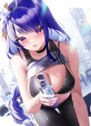 Rule 34 | 1girl, alternate costume, bare arms, bare shoulders, black legwear, blush, bottle, braid, breasts, cleavage, clothes lift, fantongjun, genshin impact, hair ornament, highres, large breasts, long hair, looking at viewer, low-braided long hair, low-tied long hair, parted lips, purple eyes, purple hair, raiden shogun, shirt lift, solo, sweat