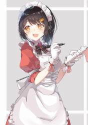 Rule 34 | 1girl, absurdres, apron, bandaid, bandaid on face, bow, bowtie, commentary, fang, gloves, hair ornament, hairclip, highres, looking to the side, maid, maid apron, maid headdress, notepad, open mouth, original, pen, ponytail, short hair, vierzeck, yellow eyes
