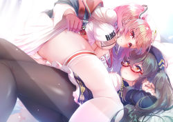 Rule 34 | 2girls, azur lane, beret, black hair, black legwear, blush, breasts, center opening, clothes lift, dress, dress lift, framed breasts, gloves, half gloves, hat, id card, imo bouya, lanyard, large breasts, lifted by self, london (azur lane), lying, lying on person, multiple girls, nurse, nurse cap, official alternate costume, on back, on person, panties, pantyhose, pantyshot, perseus (azur lane), perseus (unfamiliar duties) (azur lane), pink eyes, pink gloves, pink hair, purple dress, purple headwear, red-framed eyewear, red eyes, retrofit (azur lane), semi-rimless eyewear, thighhighs, thighs, twintails, under-rim eyewear, underwear, white dress, white headwear, white panties, yuri