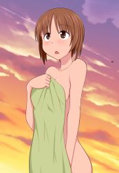 Rule 34 | 1girl, :&lt;, aircraft, airplane, ass, blush, bob cut, brown eyes, brown hair, cloud, collarbone, commentary, contrail, covering privates, cowboy shot, from below, girls und panzer, gradient sky, holding, holding towel, looking ahead, naked towel, nishizumi miho, nude, nude cover, open mouth, orange sky, outdoors, pink sky, raised eyebrows, short hair, sky, standing, sunset, tanaka rikimaru, towel, upturned eyes