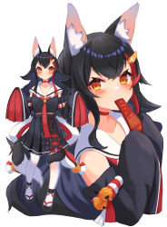 Rule 34 | 1girl, absurdres, animal ear fluff, animal ears, bare shoulders, bell, black hair, black serafuku, black shirt, black skirt, black sleeves, blush, brown eyes, closed mouth, collarbone, detached sleeves, eating, food, hair ornament, highres, holding, holding food, hololive, inre kemomimi, jingle bell, long hair, long sleeves, looking at viewer, multiple views, ookami mio, ookami mio (1st costume), pantyhose, pleated skirt, red hair, sailor collar, school uniform, serafuku, shirt, simple background, skirt, sleeveless, sleeveless shirt, sleeves past fingers, sleeves past wrists, smile, strapless, tail, very long hair, virtual youtuber, white background, white pantyhose, white sailor collar, wolf ears, wolf girl, wolf tail