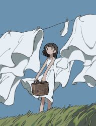 Rule 34 | 1girl, bare shoulders, basket, bed sheet, black eyes, black hair, blue sky, blunt ends, closed mouth, clothesline, day, dress, expressionless, fucca, grass, highres, holding, holding basket, laundry, laundry basket, looking ahead, medium hair, original, outdoors, sky, socks, solo, spaghetti strap, standing, sundress, wind