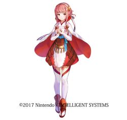 Rule 34 | 1girl, capelet, company name, fire emblem, fire emblem fates, fire emblem heroes, full body, fuzichoco, hairband, nintendo, official art, pink eyes, pink hair, sakura (fire emblem), sandals, simple background, solo, thighhighs, white background