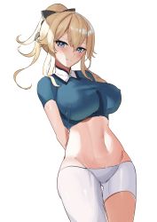 Rule 34 | 1girl, absurdres, arms behind back, bad id, bad pixiv id, blonde hair, blue eyes, blush, breasts, crop top, genshin impact, groin, hair between eyes, highres, jean (genshin impact), large breasts, long hair, looking at viewer, maanu, midriff, navel, one pant leg, pants, ponytail, shirt, sidelocks, simple background, skin tight, smile, solo, stomach, taut clothes, taut shirt, white background, white pants