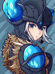 Rule 34 | 1girl, blue eyes, closed mouth, expressionless, from behind, fur trim, grey background, helmet, highres, horns, kawaguti kappa, league of legends, looking at viewer, looking back, sejuani, short hair, simple background, solo, upper body, white hair
