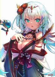 Rule 34 | 1girl, absurdres, aqua eyes, aqua hair, arm strap, armlet, arpeggio kaga, bare shoulders, black kimono, black skirt, braid, breasts, chest tattoo, circlet, cleavage, earrings, facial mark, fang, flower, gem, green nails, hair flower, hair ornament, halterneck, highres, indie virtual youtuber, japanese clothes, jewelry, kimono, large breasts, long sleeves, looking at viewer, mole, mole under mouth, multicolored hair, nail polish, off shoulder, open mouth, purple hair, purple rope, rope, shigoku tobi, shimenawa, side braid, silver hair, simple background, skindentation, skirt, solo, streaked hair, tattoo, virtual youtuber, white background, white kimono, wide sleeves