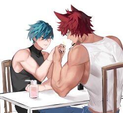 Rule 34 | 2boys, animal ears, aphelios, bara, black nails, black tank top, blue hair, blue pants, blush, brown hair, closed mouth, couple, heartsteel (league of legends), heartsteel aphelios, heartsteel sett, highres, holding, league of legends, male focus, applying manicure, multiple boys, muscular, muscular male, nail polish, nail polish brush, painting nails, pants, scar, scar on face, scar on nose, sett (league of legends), short hair, tank top, tzar game, white tank top, yaoi