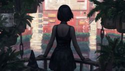 Rule 34 | 1girl, absurdres, balcony, bare arms, bare shoulders, black dress, black hair, black hat, buckle, building, collar, commentary, cowboy shot, day, dress, facing away, flower pot, from behind, guweiz, hat, highres, original, plant, potted plant, short hair, sleeveless, sleeveless dress, solo, sunlight, symbol-only commentary, town, unworn hat, unworn headwear, witch hat, wristband