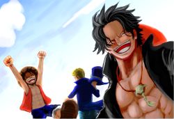 Rule 34 | 3boys, asuma (sorawomai), brothers, closed eyes, freckles, hat, male focus, monkey d. luffy, multiple boys, one piece, open clothes, open mouth, open shirt, portgas d. ace, red vest, sabo (one piece), shirt, siblings, smile, stampede string, straw hat, top hat, vest