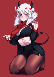 Rule 34 | 1girl, black bra, black jacket, black skirt, black tail, blueorca, blush, bra, breasts, brown pantyhose, demon girl, demon tail, hair ornament, heart, heart-shaped pupils, heart hair ornament, helltaker, highres, jacket, kneeling, large breasts, long sleeves, looking at viewer, modeus (helltaker), mole, mole on breast, nail polish, pantyhose, red background, red eyes, red sweater, ribbed sweater, short hair, simple background, skirt, solo, sweater, symbol-shaped pupils, tail, underwear, white hair
