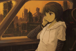 1girl armlet brown_eyes brown_hair car city closed_mouth expressionless highres hood hoodie industrial jewelry kensight328 looking_ahead motor_vehicle orange_sky original short_hair short_sleeves signature sitting sky solo sunset white_hoodie