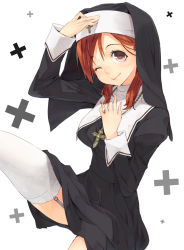 Rule 34 | 1girl, blush, breasts, brown eyes, brown hair, cross, garter straps, habit, hand on own chest, hand on own head, maeda risou, nun, one eye closed, original, smile, solo, thighhighs, white background, white thighhighs, wink
