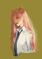 Rule 34 | + +, 1girl, black necktie, breasts, chainsaw man, collared shirt, cropped torso, cross-shaped pupils, demon horns, dress shirt, earrings, fangs, green background, hair between eyes, hair over one eye, highres, horns, jewelry, korean commentary, long hair, looking at viewer, necktie, null (skev7724), open mouth, pink hair, power (chainsaw man), shirt, simple background, small breasts, smile, smirk, solo, straight hair, symbol-shaped pupils, tongue, tongue out, twitter username, upper body, white shirt, wing collar, yellow eyes