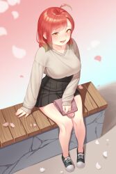 Rule 34 | 1girl, absurdres, ahoge, arm support, bag, bench, black footwear, black skirt, breasts, cherry blossoms, collarbone, commentary request, eyelashes, falling petals, from above, full body, gradient hair, green hair, grey shirt, handbag, highres, korean commentary, large breasts, legs, long sleeves, looking at viewer, lower teeth only, matdoljangin, medium hair, miniskirt, mixed-language commentary, multicolored hair, nail polish, open mouth, orange hair, original, outdoors, park bench, parted bangs, petals, pink nails, pleated skirt, shiny skin, shirt, shoes, sitting, skirt, sleeves past wrists, sneakers, solo, swept bangs, teeth, thighs, yellow eyes