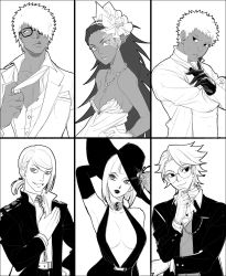 Rule 34 | 2girls, 4boys, atsui, breasts, c (naruto), choker, cleavage, darui, dress, earrings, formal, glasses, gloves, hair ornament, hair over one eye, hat, highres, jewelry, karui (naruto), lipstick, looking at viewer, makeup, monochrome, multiple boys, multiple girls, naruto (series), naruto shippuuden, necklace, noeunjung93, omoi (naruto), samui (naruto), suit