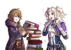 Rule 34 | 2girls, ahoge, armor, book, book stack, breastplate, brown hair, cloak, cynthia (fire emblem), fire emblem, fire emblem awakening, gauntlets, gloves, grin, gzei, holding, holding book, morgan (female) (fire emblem), morgan (fire emblem), multiple girls, nintendo, siblings, simple background, sisters, smile, stacking, twintails, white background, white hair