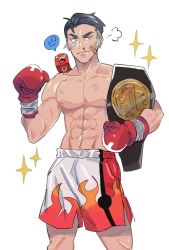 Rule 34 | 1boy, puff of air, abs, aged down, alternate costume, bandaid, bandaid on face, black hair, blood, boxing gloves, closed mouth, collarbone, commentary, creatures (company), flame print, game freak, gen 8 pokemon, green (grimy), grey hair, highres, holding, kabu (pokemon), male focus, muscular, muscular male, nintendo, nosebleed, on shoulder, pectorals, pokemon, pokemon (creature), pokemon on shoulder, pokemon swsh, short hair, shorts, simple background, sizzlipede, solo, sparkle, speech bubble, symbol-only commentary, topless male, white background