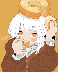 Rule 34 | 1girl, bad id, bad twitter id, baumkuchen, blush, brown sweater, cake, eating, food, food on head, highres, long sleeves, looking at viewer, medium hair, nail polish, no nose, object on head, open mouth, original, outo eguchi, red nails, simple background, solo, sweater, upper body, white hair, yellow background, yellow eyes