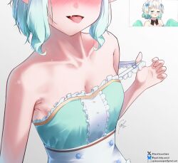 1girl aqua_hair armpit_crease armpits artist_name bare_shoulders blush breasts cleavage collarbone dress frills gradient_hair grey_hair head_out_of_frame highres indie_virtual_youtuber mint_fantome mint_fantome_(minto_2.0) multicolored_hair open_mouth pointy_ears simple_background small_breasts solo syxh tongue tongue_out virtual_youtuber