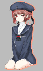 Rule 34 | 10s, 1girl, bad id, bad pixiv id, brown eyes, brown hair, clothes writing, dress, full body, grey background, hat, kantai collection, long sleeves, looking at viewer, miriamu, neckerchief, outline, sailor collar, sailor dress, sailor hat, seiza, short hair, simple background, sitting, solo, v arms, z3 max schultz (kancolle)