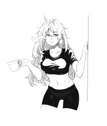 Rule 34 | 1girl, absurdres, alternate costume, bike shorts, casual, closed mouth, coffee cup, collarbone, crop top, cup, disposable cup, eyelashes, facing viewer, girls&#039; frontline, greyscale, hand on wall, highres, hip focus, holding, holding cup, kangsog, long hair, looking to the side, messy hair, midriff, monochrome, navel, pinky out, s.a.t.8 (girls&#039; frontline), shirt, sketch, sleepy, solo, taut clothes, taut shirt, thighs, waking up, wall