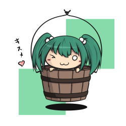 Rule 34 | 1girl, ;3, bucket, character name, female focus, green hair, hair bobbles, hair ornament, heart, in bucket, in container, kisume, nogisaka kushio, one eye closed, solo, touhou, twintails, wink