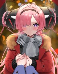 Rule 34 | 1girl, absurdres, antenna hair, azur lane, black hairband, black sweater, blue coat, blurry, blurry background, blush, closed mouth, coat, commander (azur lane), commentary request, grey scarf, hair on horn, hair over one eye, hairband, hands up, highres, holding hands, large horns, long hair, long sleeves, looking at viewer, pink hair, pov, prinz rupprecht (azur lane), purple eyes, red coat, scarf, soul (dp11), sweater, upper body
