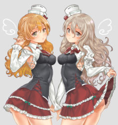 Rule 34 | 10s, 2girls, ascot, ass, bad id, bad pixiv id, blonde hair, bow, bowtie, brown eyes, corset, fumako, grey background, grey hair, hat, kantai collection, long hair, long sleeves, mini hat, multiple girls, open mouth, pola (kancolle), red ascot, red bow, red bowtie, red skirt, shirt, simple background, skirt, wavy hair, white shirt, zara (kancolle)