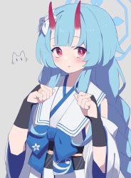Rule 34 | 1girl, absurdres, blue archive, blue hair, blush, braid, chise (blue archive), detached sleeves, flower, grey background, hair flower, hair ornament, halo, highres, horns, japanese clothes, long hair, oni, oni horns, paw pose, red eyes, simple background, solo, uhouhogorigori, upper body