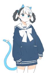 Rule 34 | 1girl, animal ears, bambinata (punishing: gray raven), black hair, blue eyes, blue sweater, bow, braid, cat ears, cat tail, earrings, fake animal ears, fake tail, hair ornament, hairclip, heart, heart-shaped pupils, highres, jewelry, long sleeves, multicolored hair, myam (123ab456c), punishing: gray raven, ribbon, sailor collar, solo, sweater, symbol-shaped pupils, tail, tail ornament, tail ribbon, twin braids, two-tone hair, white bow, white hair, white sailor collar