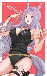 Rule 34 | 1girl, animal ears, black one-piece swimsuit, blunt bangs, bracelet, breasts, casual one-piece swimsuit, eyewear on head, gold ship (run revolt launcher) (umamusume), gold ship (umamusume), grey hair, highres, horse ears, horse girl, horse tail, jewelry, large breasts, long hair, looking at viewer, number pun, official alternate costume, one-piece swimsuit, open mouth, purple-tinted eyewear, purple eyes, shi (pou9f), smile, solo, sunglasses, swimsuit, tail, tattoo, thigh strap, tinted eyewear, tongue, tongue out, umamusume