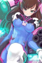 Rule 34 | 1girl, :3, armcho, blue eyes, blurry, bodysuit, breasts, brown hair, closed mouth, cowboy shot, d.va (overwatch), depth of field, dutch angle, eyelashes, facepaint, facial mark, gatling gun, gloves, gun, holographic interface, leg up, long hair, looking at viewer, mecha, medium breasts, meka (overwatch), overwatch, overwatch 1, robot, skin tight, smile, solo, tsurime, weapon, whisker markings, white gloves