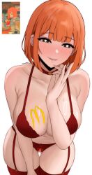 Rule 34 | 1girl, absurdres, alternate breast size, blunt bangs, blush, bra, breasts, bright pupils, brown eyes, censored, choker, cleavage, collarbone, commentary, crotchless, crotchless panties, edmun6969, english commentary, hand up, highres, large breasts, leaning forward, lingerie, mcdonald&#039;s, mother (yoru mac), mole, mole on breast, mother (yoru mac), mustard, navel, orange hair, panties, parted lips, red bra, red choker, red garter belt, red panties, red thighhighs, reference inset, short hair, smile, solo, standing, thigh gap, thighhighs, thighs, twitter username, underwear, white background, white pupils, yoru mac