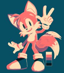 Rule 34 | 1boy, animal ears, animal nose, blue background, body fur, color guide, commentary, english commentary, fangs, fox boy, fox ears, fox tail, full body, furry, furry male, gloves, halftone, highres, lemonlumens, limited palette, looking at viewer, male focus, multiple tails, open mouth, orange fur, shoes, simple background, smile, solo, sonic (series), standing, tail, tails (sonic), two tails, v, white fur, white gloves