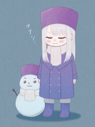 Rule 34 | 1girl, :3, blush stickers, boots, chibi, closed eyes, coat, commentary request, fate/stay night, fate (series), full body, fur hat, grey hair, grey scarf, hat, highres, ichikawahonzen, illyasviel von einzbern, long hair, papakha, purple coat, purple hat, scarf, simple background, smile, snowman, solo