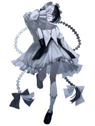 Rule 34 | 1girl, arm up, black bow, black eyes, black footwear, black hair, blunt bangs, bow, braid, collarbone, dress, frilled dress, frills, full body, grey socks, hair bow, highres, loafers, long hair, long sleeves, looking at viewer, multicolored hair, multiple hair bows, ninomae (nnme 618), open mouth, original, shoes, simple background, socks, solo, split-color hair, standing, standing on one leg, twin braids, two-tone hair, very long hair, white background, white bow, white dress, white hair, white socks
