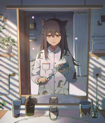 Rule 34 | 1girl, ahoge, animal ears, animal print, arknights, bird print, black hair, breast pocket, brown eyes, commentary, drooling, electric plug, electrical outlet, electrical outlet, half-closed eyes, indoors, lococo:p, long hair, long sleeves, mirror, pajamas, plant, pocket, potted plant, reflection, revision, saliva, sleepy, solo, texas (arknights), toothbrush, toothpaste, wolf ears