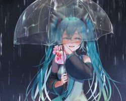 1girl, :d, black sleeves, blue eyes, blue hair, blue nails, blue neckwear, blush, crying, crying with eyes open, detached sleeves, floating hair, frilled shirt, frills, grey shirt, hatsune miku, holding, holding umbrella, kyashii (a3yu9mi), long hair, long sleeves, looking at viewer, nail polish, necktie, open mouth, rain, shiny, shiny hair, shirt, sleeveless, sleeveless shirt, smile, solo, standing, tears, transparent, transparent umbrella, twintails, umbrella, upper body, valentine, very long hair, vocaloid