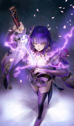 Rule 34 | 1girl, azasuke, breasts, bridal gauntlets, cleavage, electricity, falling petals, full body, genshin impact, highres, human scabbard, japanese clothes, kimono, large breasts, long hair, low-braided long hair, low-tied long hair, obi, petals, purple eyes, purple kimono, purple nails, raiden shogun, sash, simple background, standing, tomoe (symbol), walking