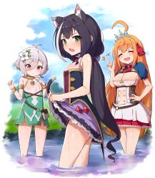 Rule 34 | 3girls, ahoge, animal ear fluff, animal ears, antenna hair, bare shoulders, black hair, blush, breasts, cat ears, cat girl, cat tail, cleavage, clothes lift, commentary request, day, dress, dress lift, fang, flat chest, flower, green eyes, hair between eyes, hair flower, hair ornament, hair ribbon, highres, in water, karyl (princess connect!), kokkoro (princess connect!), large breasts, lifted by self, long hair, looking at viewer, low ponytail, lunia, multicolored hair, multiple girls, open mouth, orange hair, outdoors, pecorine (princess connect!), pointy ears, princess connect!, red eyes, red ribbon, ribbon, short hair, smile, standing, streaked hair, tail, tiara, very long hair, wading, white flower, white hair