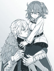 Rule 34 | 1boy, 1girl, black pantyhose, blue theme, boots, cape, carrying, fate/grand order, fate (series), fujimaru ritsuka (female), gauntlets, greyscale, hair between eyes, hair ornament, hair scrunchie, jacket, knee boots, looking to the side, miniskirt, monochrome, nishinishihigas, pantyhose, parted lips, pleated skirt, scrunchie, short hair, side ponytail, skirt, white footwear