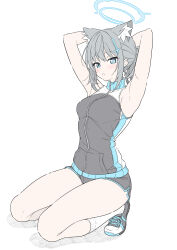 Rule 34 | 1girl, absurdres, alternate costume, alternate hairstyle, animal ears, armpits, arms behind head, arms up, bare arms, bare shoulders, black footwear, black jacket, black shorts, blue archive, blue eyes, blue halo, blush, bright pupils, commentary, cross, cross hair ornament, extra ears, full body, grey hair, gym shorts, hair ornament, halo, highres, inverted cross, jacket, looking at viewer, masabodo, mismatched pupils, ponytail, shiroko (blue archive), shorts, simple background, sleeveless, sleeveless jacket, socks, solo, squatting, thighs, turtleneck, turtleneck jacket, white background, white pupils, white socks, wolf ears, wolf girl