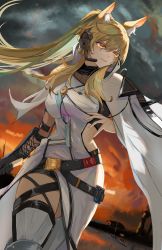 Rule 34 | absurdres, animal ear fluff, animal ears, arknights, armored boots, backlighting, black gloves, blonde hair, boots, breasts, cape, closed mouth, cloud, cloudy sky, cowboy shot, dress, elbow gloves, gloves, headset, highres, holding, holding weapon, horse ears, lanshan, large breasts, long hair, midriff peek, nearl (arknights), nearl the radiant knight (arknights), orange eyes, outdoors, pelvic curtain, ponytail, sidelocks, signature, single glove, sky, thigh boots, v-shaped eyebrows, weapon, white cape, white dress, white footwear