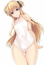 Rule 34 | 1girl, black ribbon, blonde hair, blue eyes, covered navel, cowboy shot, hair ribbon, hakaba (dairiseki), highres, hip focus, long hair, navel, one-piece swimsuit, quiz magic academy, ribbon, shalon, smile, solo, swimsuit, thigh gap, thighs, two side up, white one-piece swimsuit, wide hips