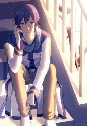 Rule 34 | 1boy, belt, bloom, blue eyes, blue hair, blue scarf, brown pants, coat, commentary, feet out of frame, hand on own ear, hand on own ear, handrail, highres, kaito (vocaloid), long coat, looking at viewer, male focus, nokuhashi, pants, scarf, short hair, sitting, smile, solo, stairs, stairwell, vocaloid, white coat