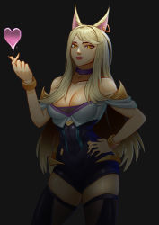 Rule 34 | 1girl, absurdres, ahri (league of legends), animal ears, arincal (ofsb), bare shoulders, blonde hair, bracelet, breasts, choker, cleavage, collarbone, covered navel, cowboy shot, earrings, facial mark, fox ears, fox girl, gold bracelet, hair over shoulder, hand on own hip, heart, heart earrings, heart pendant, highres, jewelry, k/da (league of legends), k/da ahri, large breasts, league of legends, leotard, lips, lipstick, long hair, looking at viewer, makeup, official alternate costume, pendant, skindentation, snapping fingers, solo, swept bangs, thighhighs, vastaya, whisker markings