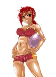 Rule 34 | 10s, 1girl, abs, bare shoulders, bikini, blush, breasts, cameltoe, covered erect nipples, female focus, grin, hair ornament, hairclip, highres, hino akane (smile precure!), impossible clothes, kitsune-tsuki (getter), large breasts, long hair, lowleg, lowleg shorts, navel, nipples, ponytail, precure, red eyes, red hair, shorts, simple background, skin tight, smile, smile precure!, solo, standing, strapless, sweat, swimsuit, tan, tanline, teeth, tube top, white background