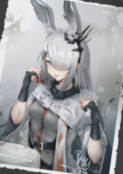 Rule 34 | 1girl, absurdres, animal ears, arknights, black gloves, breasts, cake, cape, dutch angle, ear ornament, extra ears, food, frostnova (arknights), gloves, grey background, grey eyes, grey hair, grey shirt, hair ornament, hair over one eye, hairclip, highres, long bangs, long hair, looking at viewer, open mouth, partially fingerless gloves, pastry bag, photo (object), rabbit ears, rabbit girl, scar, scar across eye, shirt, simple background, small breasts, solo, upper body, white cape, zhuang yu pizza